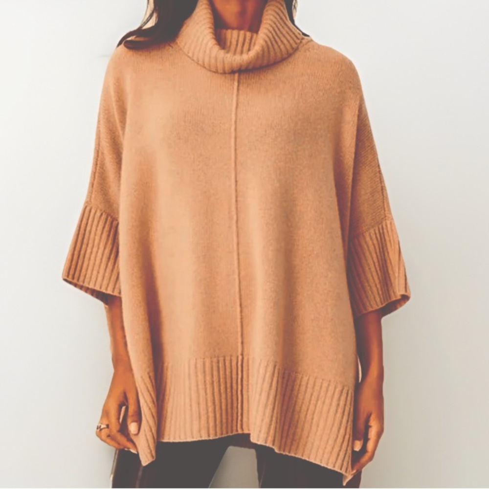 Ann Taylor 100% Cashmere Sweater Poncho Pullover Turtleneck Boxy Tan Camel